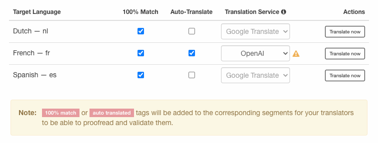 Screenshot of the auto-translation settings for a project
