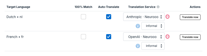 Auto-translation settings with service selector by target language